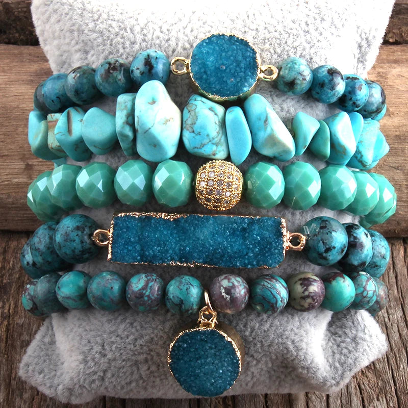 RH Fashion Boho Jewelry Natural Stone & Druzy Charm Bracelet & Bangle 5pc Bracelets Sets For Women Jewelryes Gift DropShip