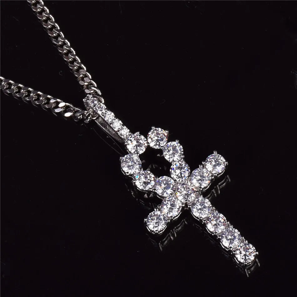 Bubble Letter Ankh Cross Necklace for Men Iced Pendant Gold Color Hip Hop Jewelry Prong Setting Cubic Zirconia