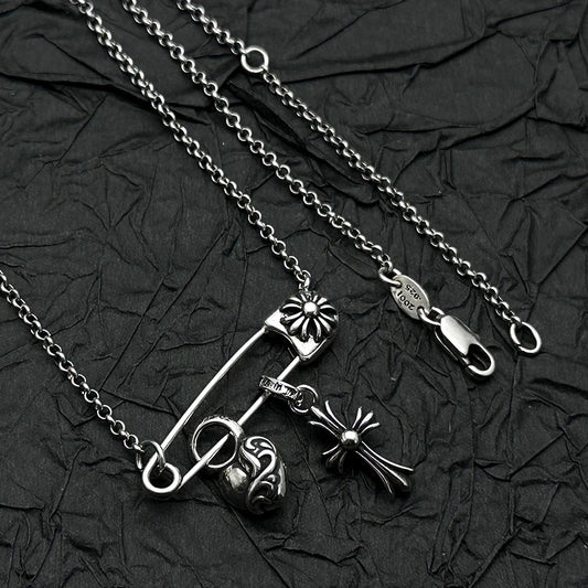 S925 Sterling Silver, Retro and Old Peach Heart Cross Pin Necklace, European and American Men's and Women's Personalities