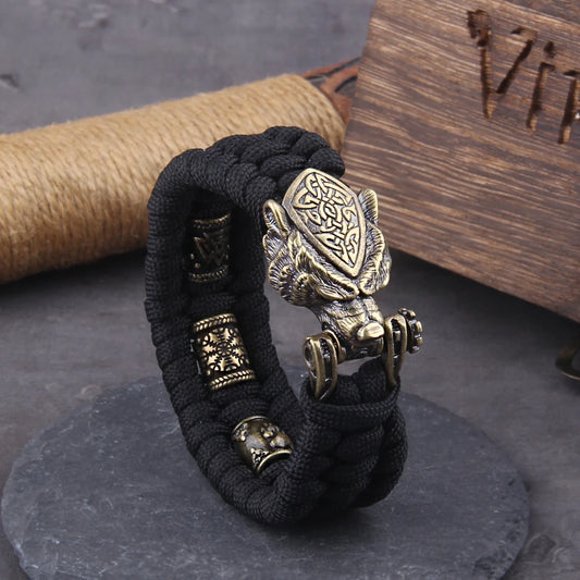 Never Fade Rock Viking Wolf Bracelet Men's handmade cord Wolf Bead Punk Bracelets Biker Jewelry