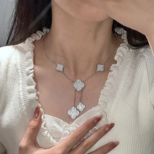 MDL Seiko light1luxury full diamond four-leaf flower set long necklace super fairy tassel earrings small fragrant wind bracelet