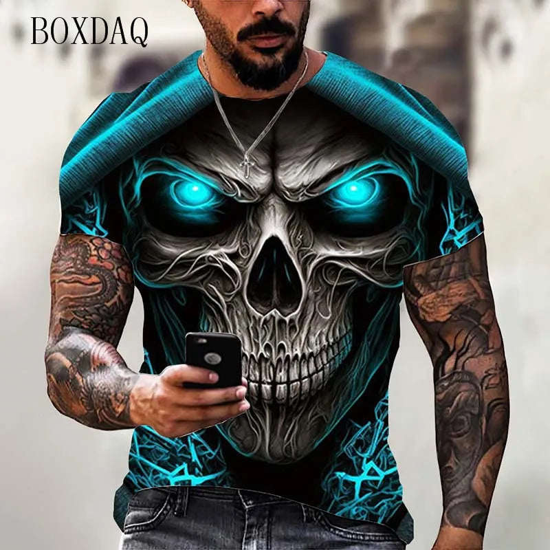 Fashion Trend Skull Pattern Men's T-Shirts 6XL Plus Size Short Sleeve Street Gothic Horror Skeleton Male Tops O-Neck Casual Tee