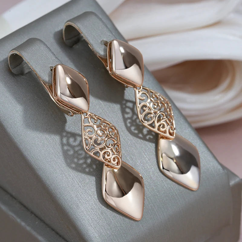 Glossy Long Dangle Earrings For Women SYOUJYO 585 Rose Gold Color English Buttons Luxury Bride Wedding Fine Jewelry Gift