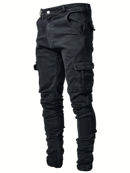 Men's workwear multi pocket jeans, casual street style straight leg denim pants