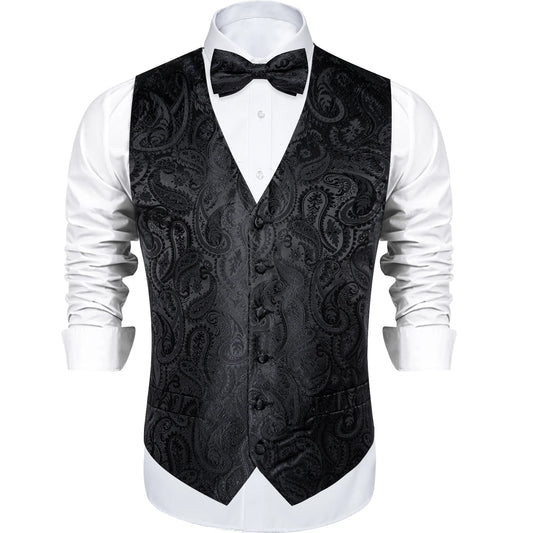 Men's Black Solid Paisley Suit Vest with Necktie Bow Tie Handkerchief Cufflinks Formal Waistcoat for Wedding Prom Tuxedo