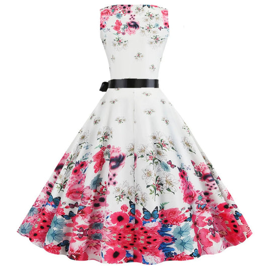 Women's Vintage Cocktail Long Dresses Retro Floral Print Sleeveless Swing Party Dresses For Women Tea Party Dresses For Women