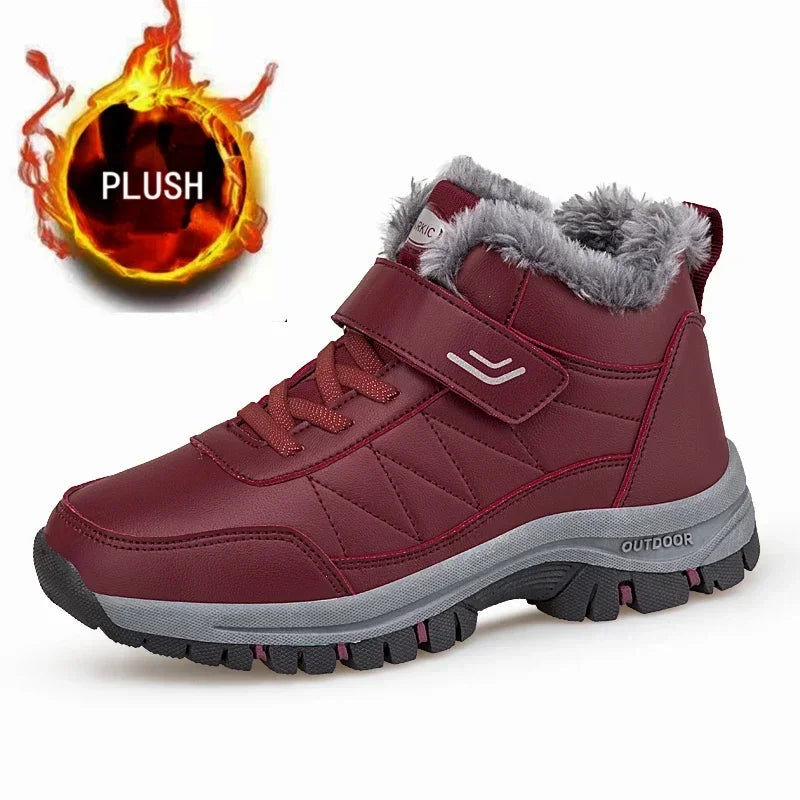 Winter Men Boots Leather Waterproof Outdoor Non-slip Hiking Shoes Unisex Men Women Warm Plush Ankle Boot Big Size 47 48