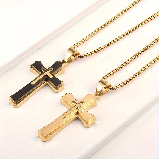 14K Gold Plated Men's Three-Layer Cross Necklace Hip Hop European Style Trendy Accessory Pendant Daily Jewelry Accessories USA