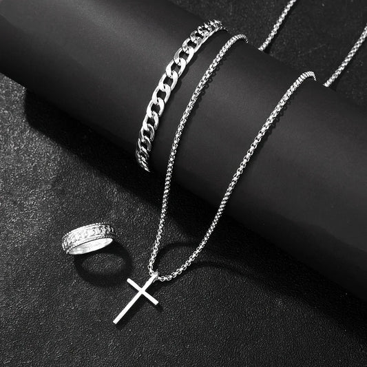 Men's Stainless Steel Jewelry Set: Cross Pendant Necklace + Cuban Link Bracelet + Engraved Band Ring - Fashion Hip Hop Accessori