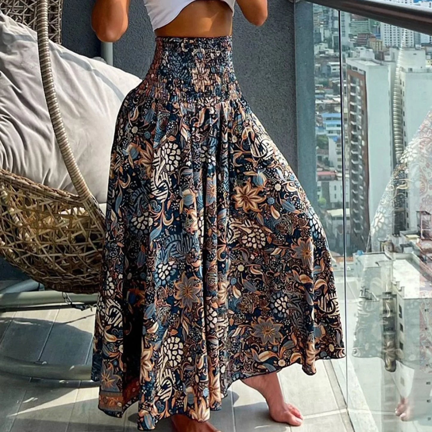 Women Vintage Floral Print Boho Skirt 2024 Summer Casual Loose Pleated Long Skirt Elegant Female High Elastic Waist Maxi Skirts