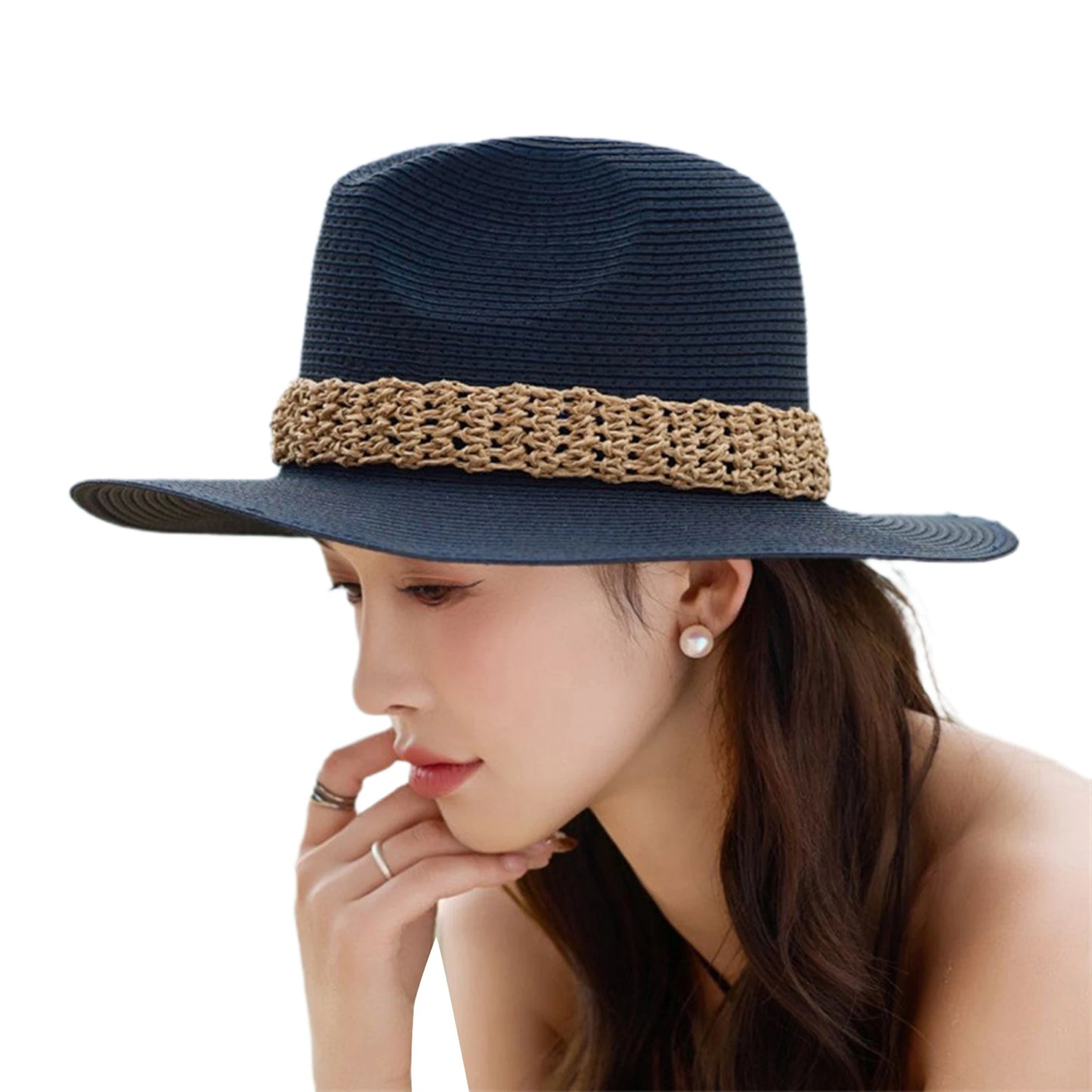 Women Wide Brim Sun Hat with Bowknot Ribbon Summer Beach Straw Hat Foldable Floppy Fedora Hat for Vacation Travel Party Clothes