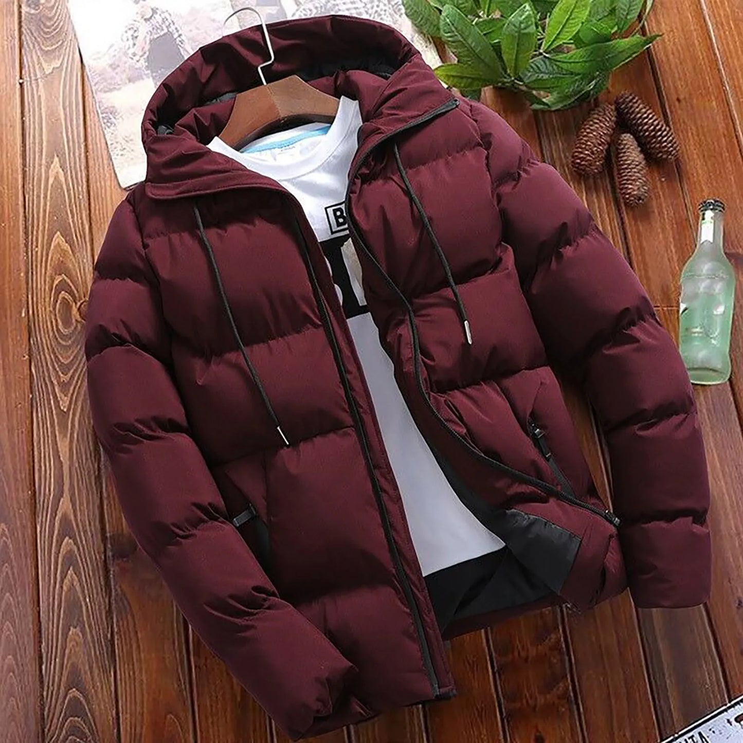 Men's Winter Parkas Versatile Solid Zipper Hooded Loose Wolfeel Quilted Jacket Outdoor Solid Color Warm Puffer Parkas For Men