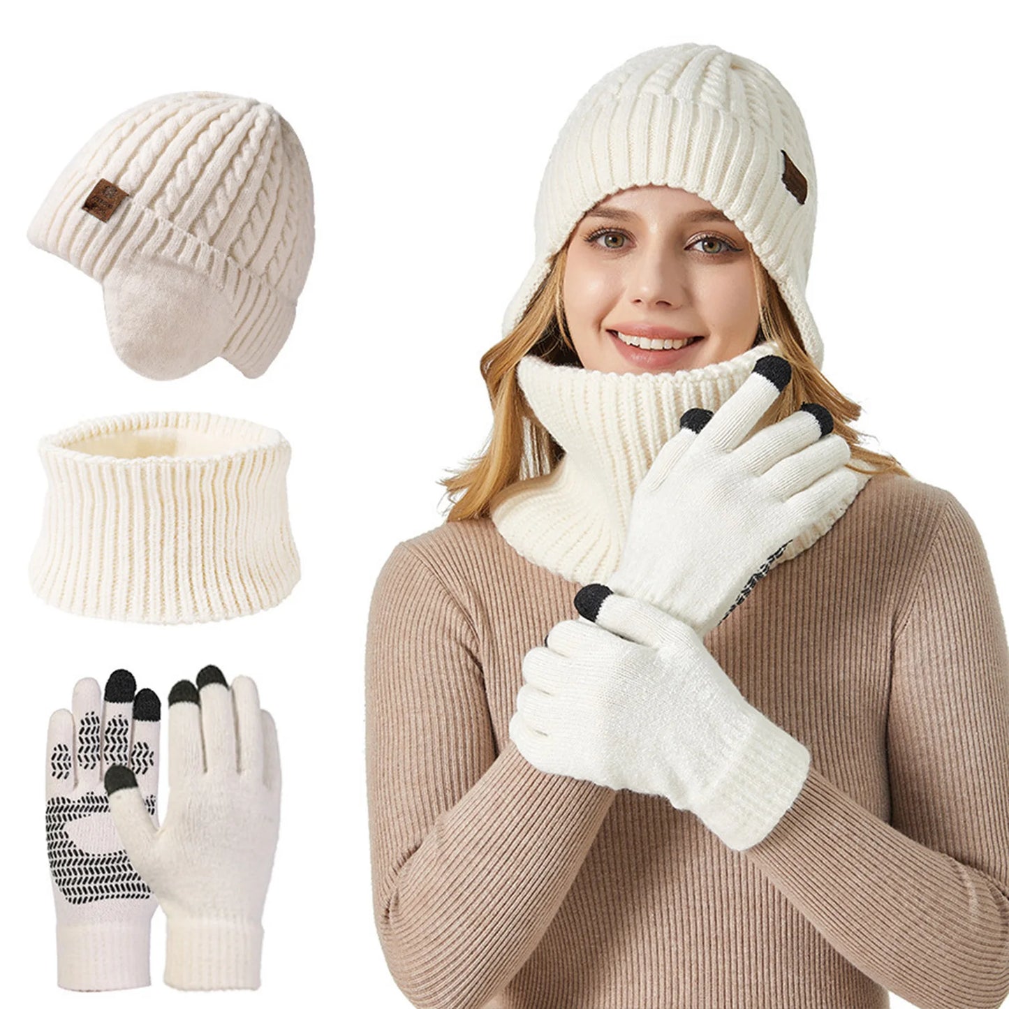 Winter Hat Glove Scarf Sets Knit Slouchy Beanie Hat Neck Warmer Screen-Touch Texting Gloves for Snow Cold Weather