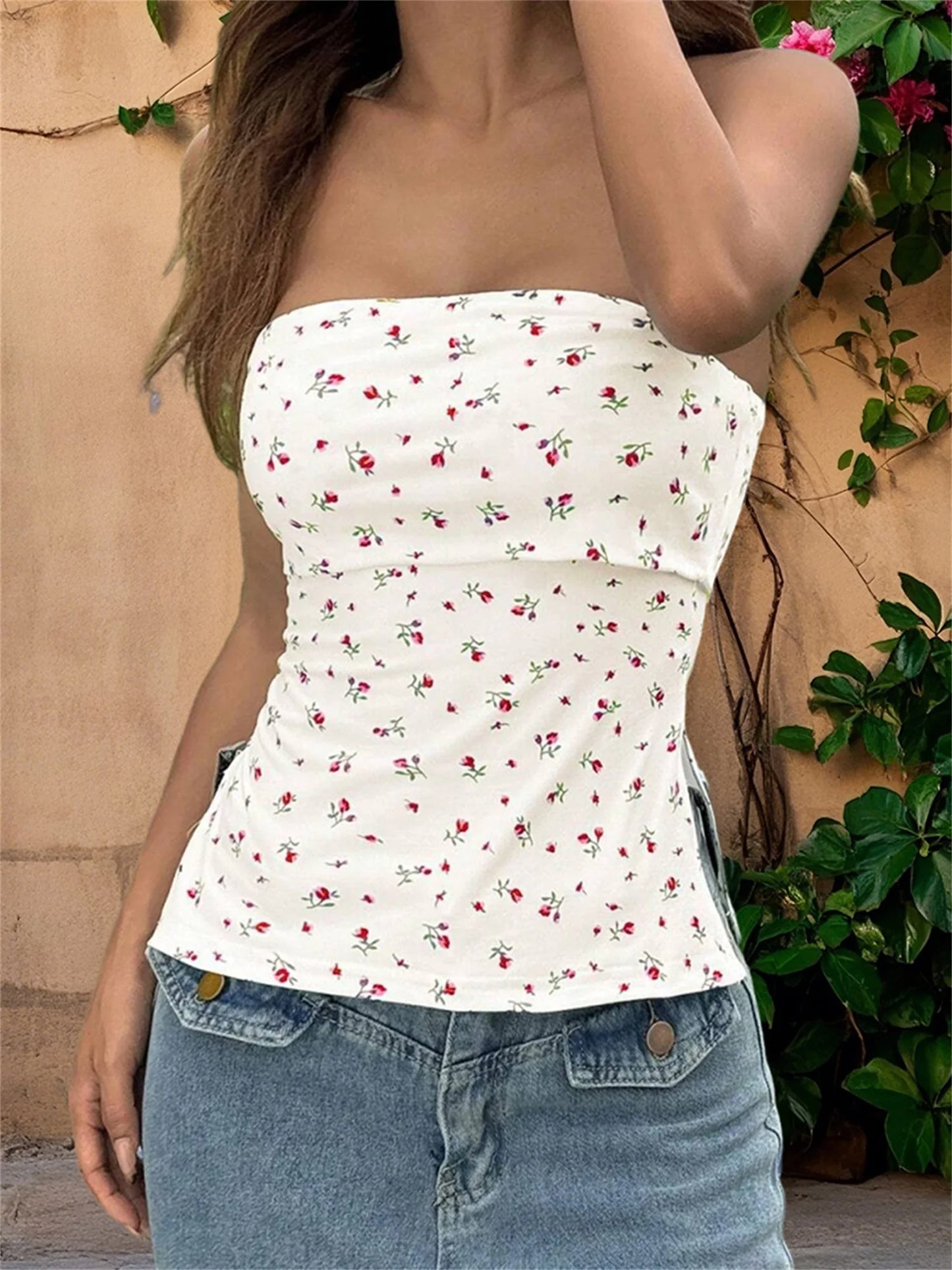 Women s Off Shoulder Ruffle Crop Tops Floral Print Strapless Tube Tops Sleeveless Bandeau Casual Shirts Summer Blouses
