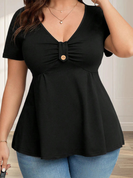 Women Plus Size Babydoll Tops Floral Print Ruched Button V Neck Short Sleeve Ruffle Shirts Casual Summer Streetwear Fashion