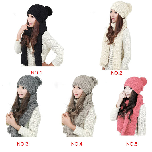 2Pcs/set Women Girls Pom Pom Beanie Skull Cap Hats Scarf Winter Autumn Sports Warm Ski Hat
