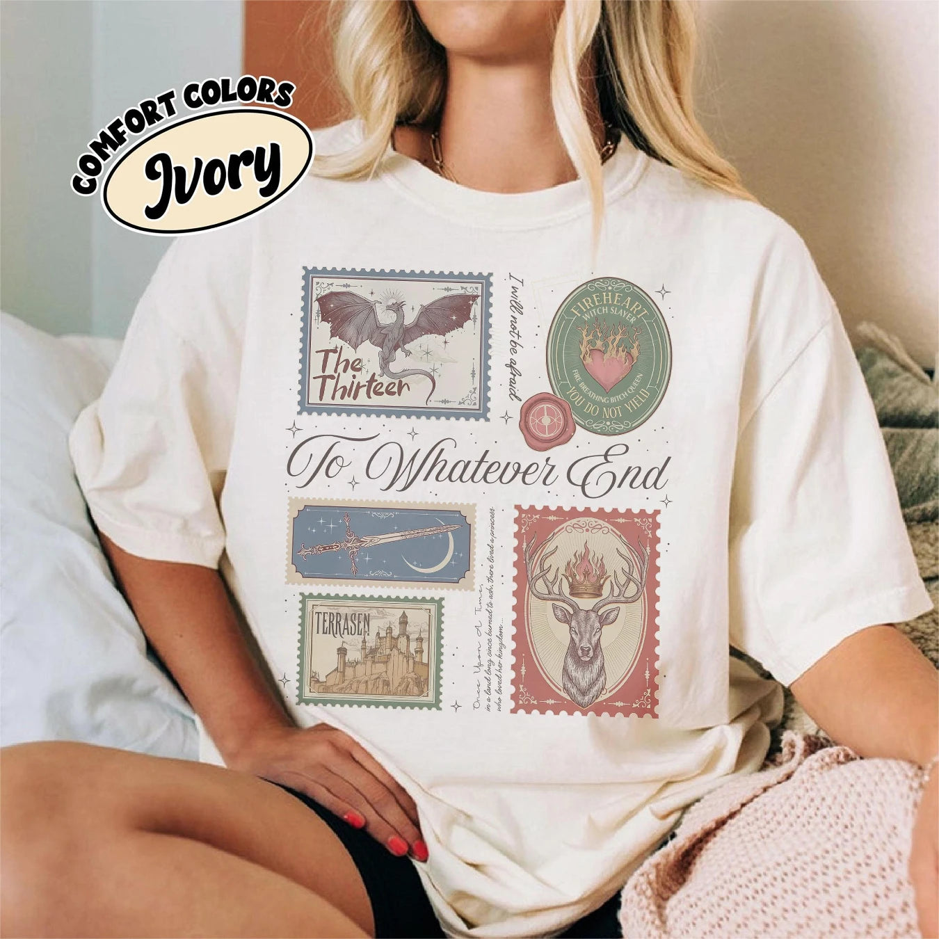 TOG Book Stamps Comfort Colors Shirt Terrasen The Thirteen Tee Aelin Fireheart Top Throne of Glass Series Fantasy Reading