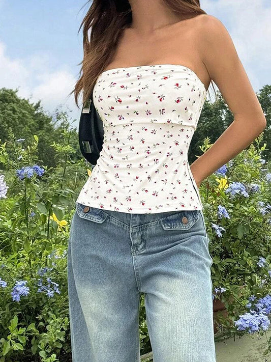 Women s Off Shoulder Ruffle Crop Tops Floral Print Strapless Tube Tops Sleeveless Bandeau Casual Shirts Summer Blouses