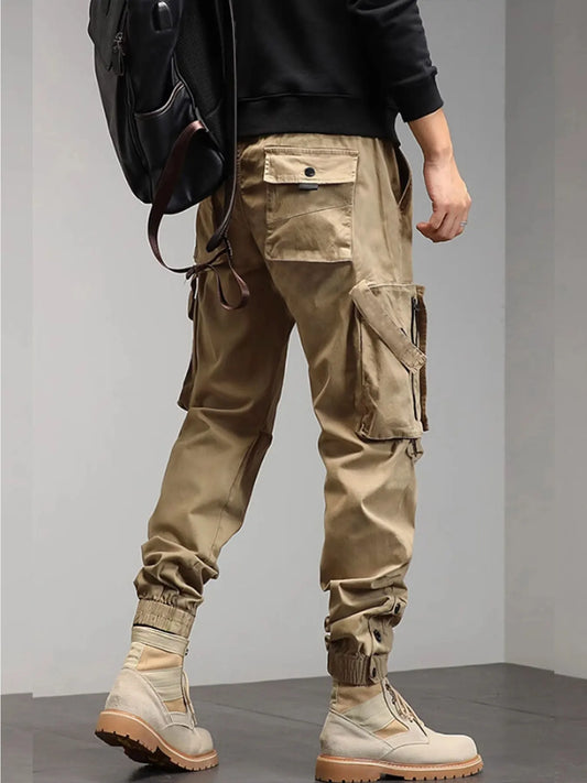 Mens Trousers Popular Casual Slim Fit Solid Color Pocket Cargo Pants Loose Wide Leg Straight Elastic High Waisted Pantalones