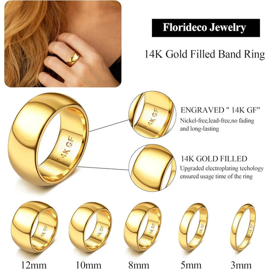 14K Gold Plated Ring for Women Men Thick Thin Pinky Thumb Ring Wedding Band Ring Non Tarnish Plain Domed Comfort Fit Size 6 -10