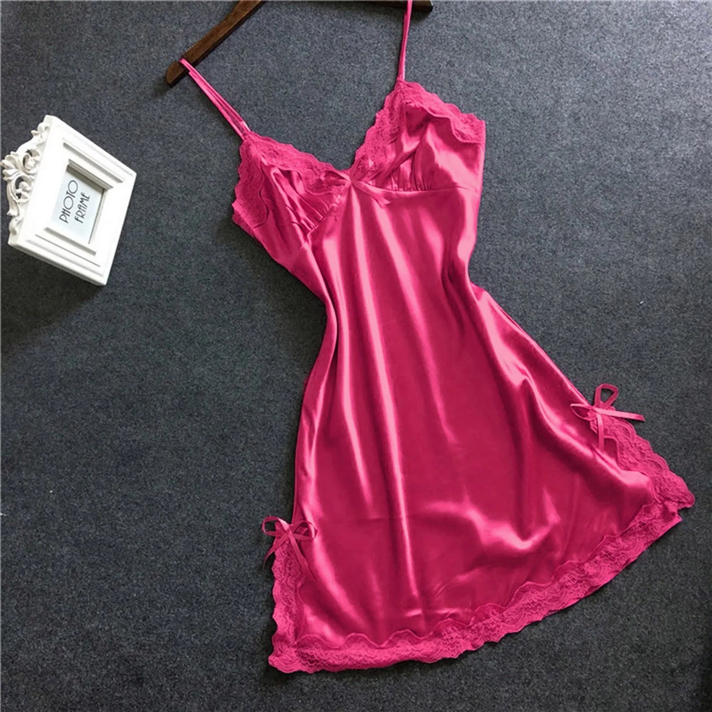 Women Red Satin Sexy Babydolls Bowknot Lace V Neck Sling Lingerie Sexy Nightwear Lightweight Ladies Home Clothed Erotic Pajamas