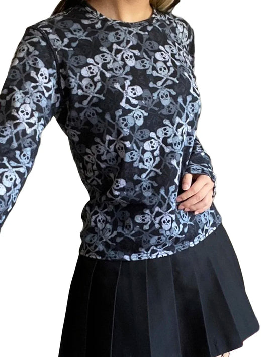 Women s Vintage Gothic Skull Print Long Sleeve Round Neck Fit T-Shirts Streetwear Blouses with a Dark Twist