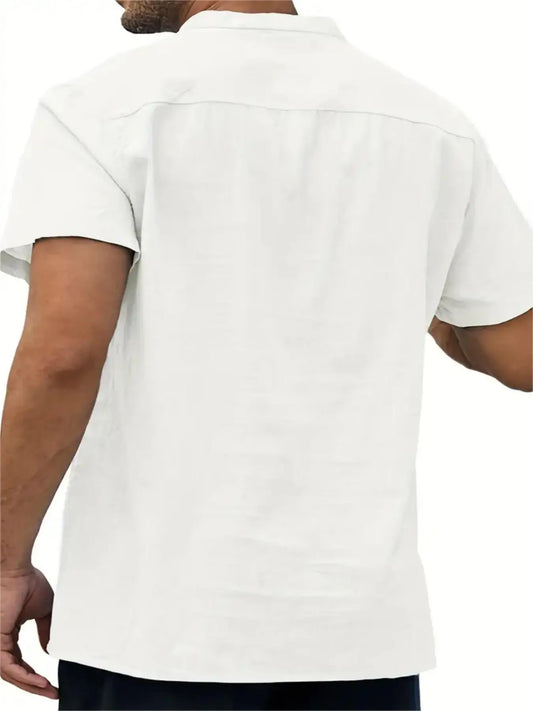 Men's Plus Size Cotton Linen Shirt with Pocket Casual Polo Shirt Short Sleeve Shirts Summer Lightweight Beach Tops