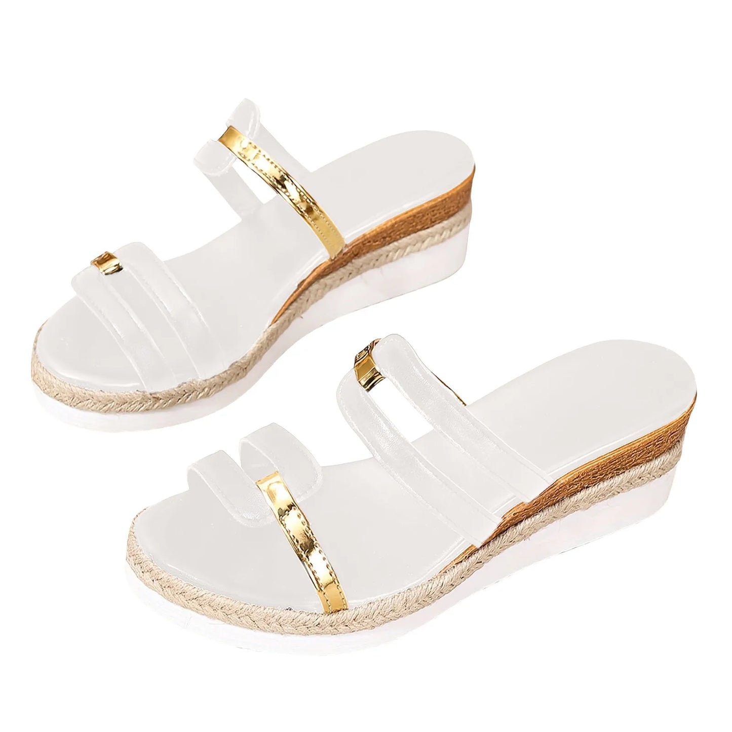 Summer Casual Color Blocking Sandals For Women Fashion Solid Comfortable Soft Leather Thick Soled Slope Woven Straw Sandals