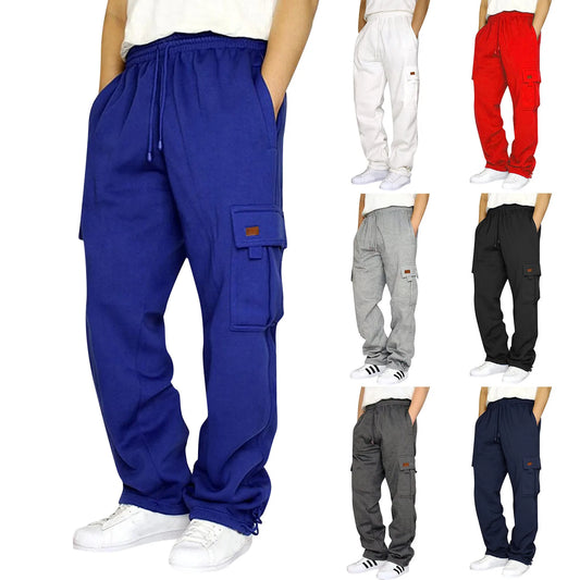 New Pants Male Fitness Running Trousers Drawstring Loose Waist Solid Color Pocket Loose Fleece Work Attire Leisure Sports