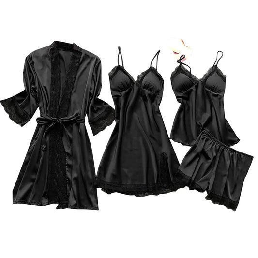 Large Size 4 Piece Women Pajama Sets Sexy Lace Embroidery Robe With Nightdress Outfits Loungewear Satin Silky Pyjama Sets