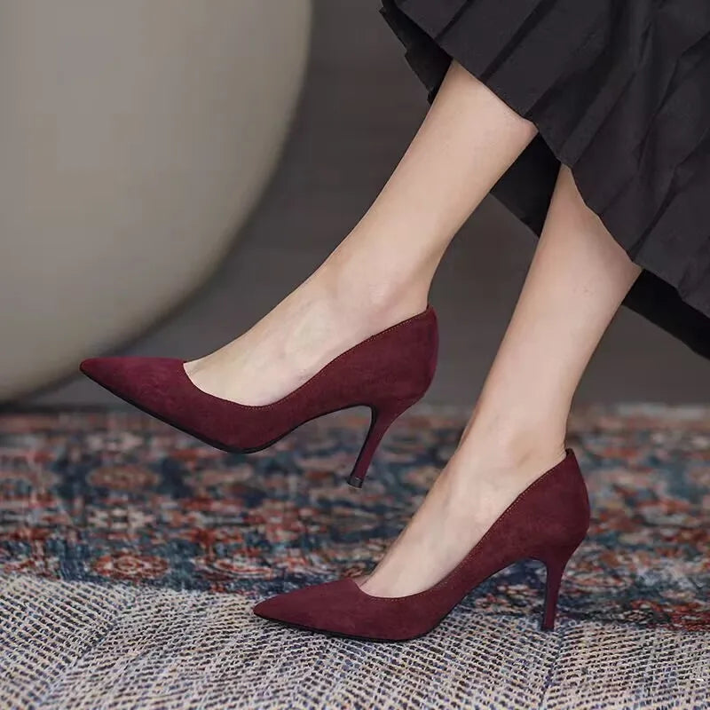 Pointy Suede High Heels Spring New Style Pointy Shallow Mouth Set Foot Anti-slip Wear-resistant Fine Heel Shoes