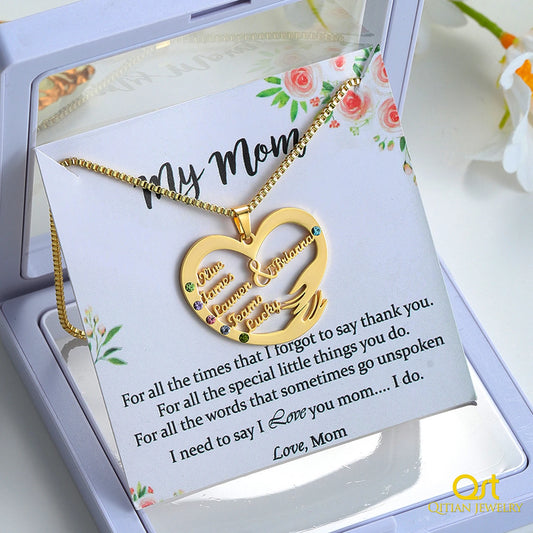 Qitian Custom Name Necklace With Birthstones Family Jewelry Personalized Heart Mother And Child Pendant Mother's Day Gift Chain