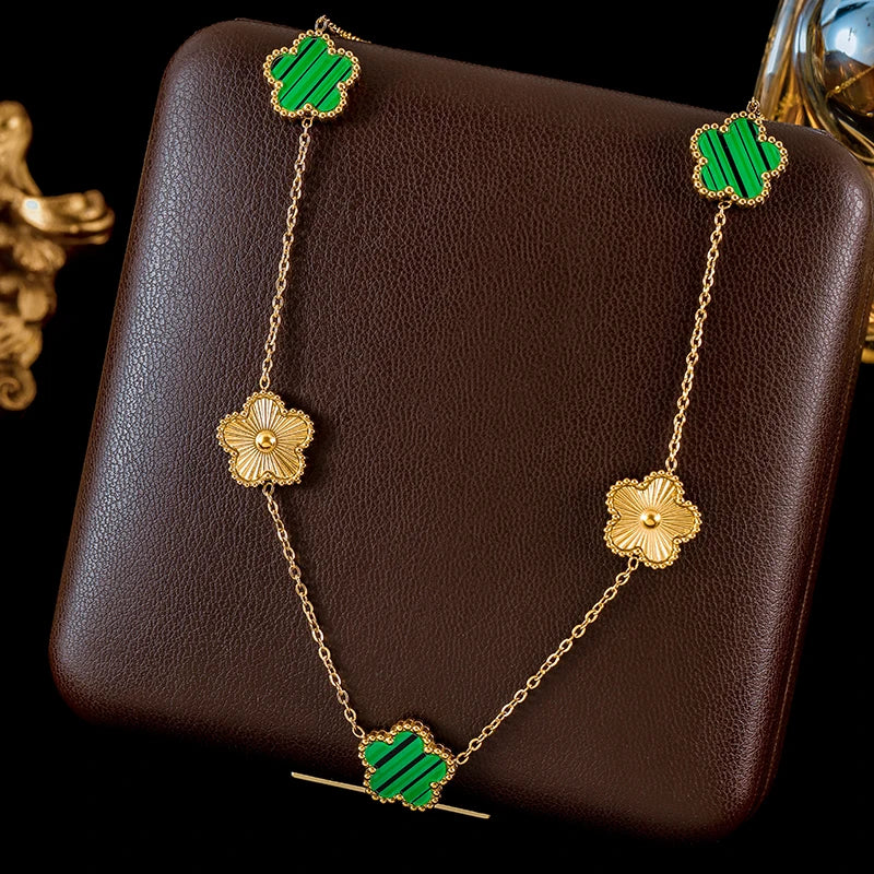 Stainless Steel White Plum Blossom Plant Leaf Flower Set Reversible Necklace Earrings Bracelet Women Clover Jewelry