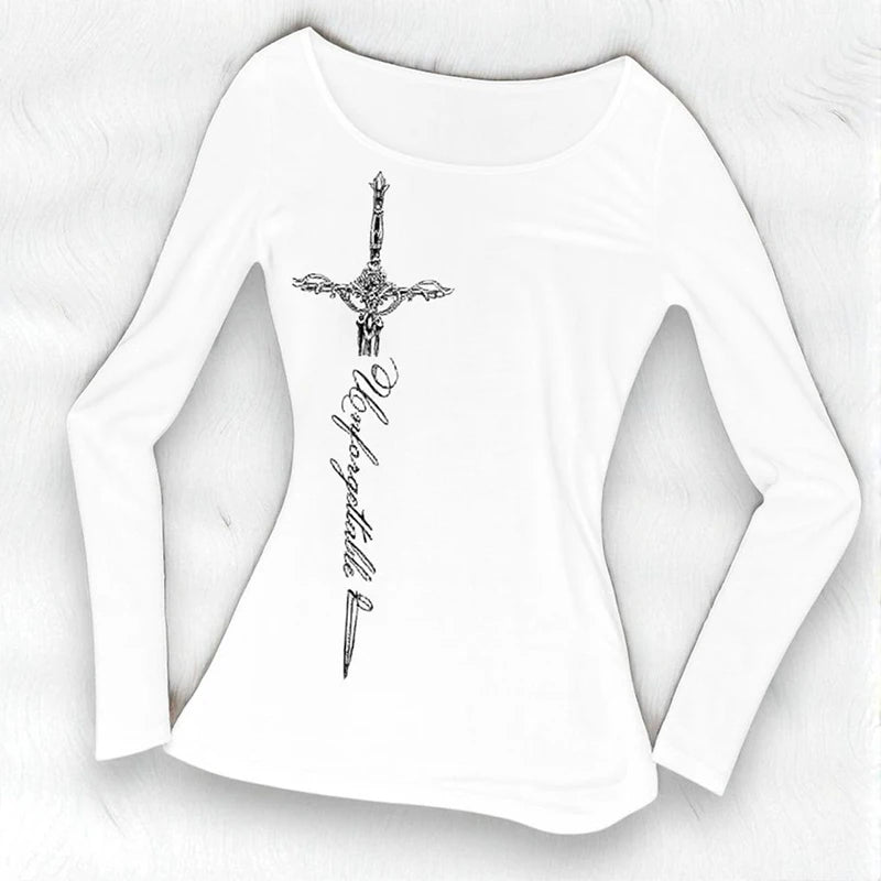 Gothic long T-shirt round neck retro rock punk millennium style top slim fit fashionable casual women's Y2K street women's top