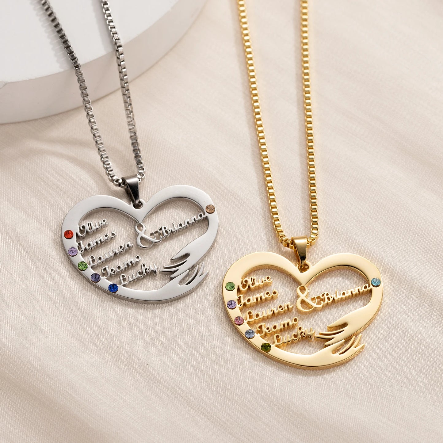 Qitian Custom Name Necklace With Birthstones Family Jewelry Personalized Heart Mother And Child Pendant Mother's Day Gift Chain