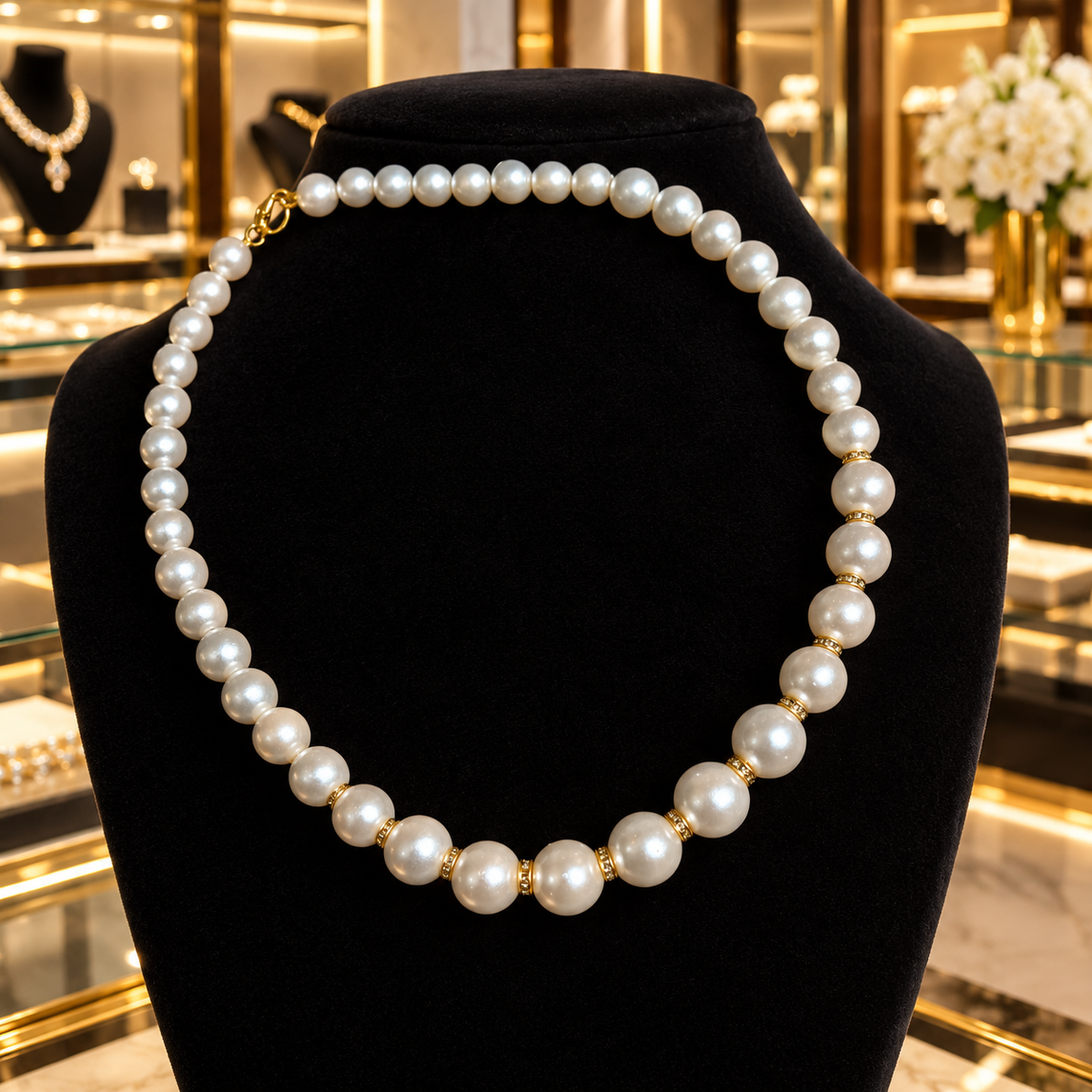Elegant Pearl Necklace with Black Chain – Timeless Handmade Style