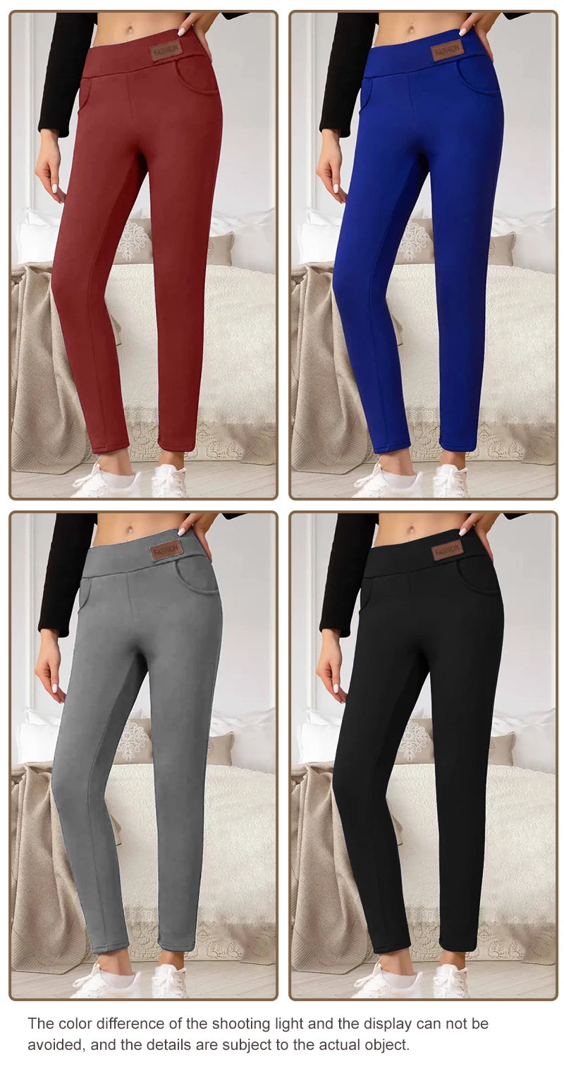 1PC Women's High-Waisted Thermal Leggings with Fashion Leather Logo,Winter fleece-lined thick yoga pants for outdoor wear