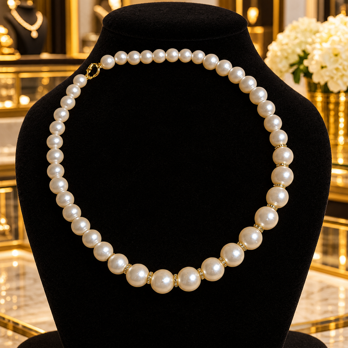 Elegant Pearl Necklace with Black Chain – Timeless Handmade Style