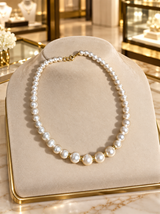 Elegant Pearl Necklace with Black Chain – Timeless Handmade Style