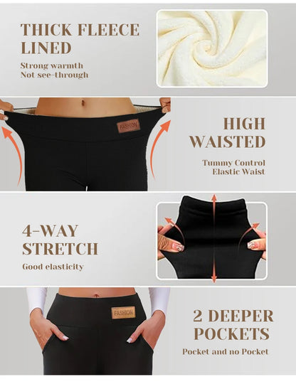 1PC Women's High-Waisted Thermal Leggings with Fashion Leather Logo,Winter fleece-lined thick yoga pants for outdoor wear