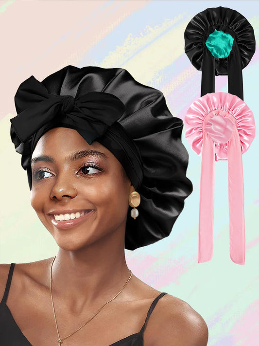 2pc Silk Bonnet For Sleeping for Sleeping Night Sleep Hat with Tie Band,Double Layer Sleep Hat Hair Wrap,Soft Elastic Band