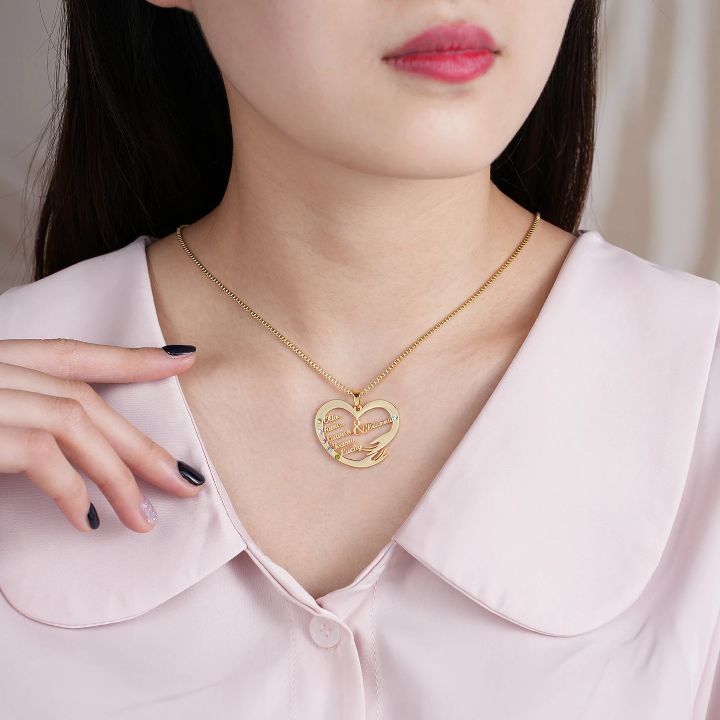 Qitian Custom Name Necklace With Birthstones Family Jewelry Personalized Heart Mother And Child Pendant Mother's Day Gift Chain