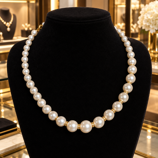 Elegant Pearl Necklace with Black Chain – Timeless Handmade Style