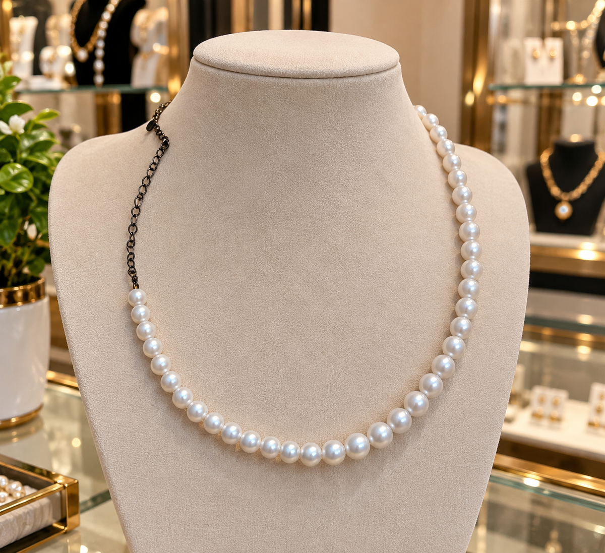 Elegant Pearl Necklace with Black Chain – Timeless Handmade Style