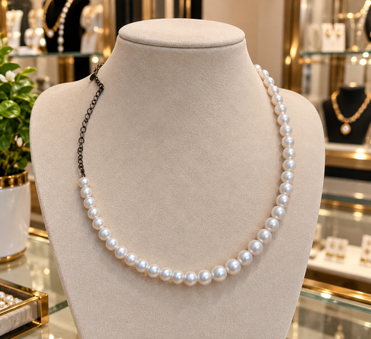 Elegant Pearl Necklace with Black Chain – Timeless Handmade Style
