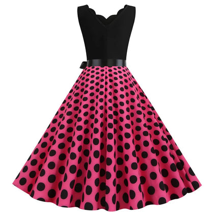Women Retro Summer Dresses 50s 60s Sleeveless V-neck Polka Dot Bow Ball Grown Party Sundress Robe Vestidos