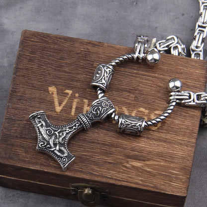 Stainless Steel king chain with rune beads and thor's hammer mjolnir viking necklace  with wooden box as boyfriend gift
