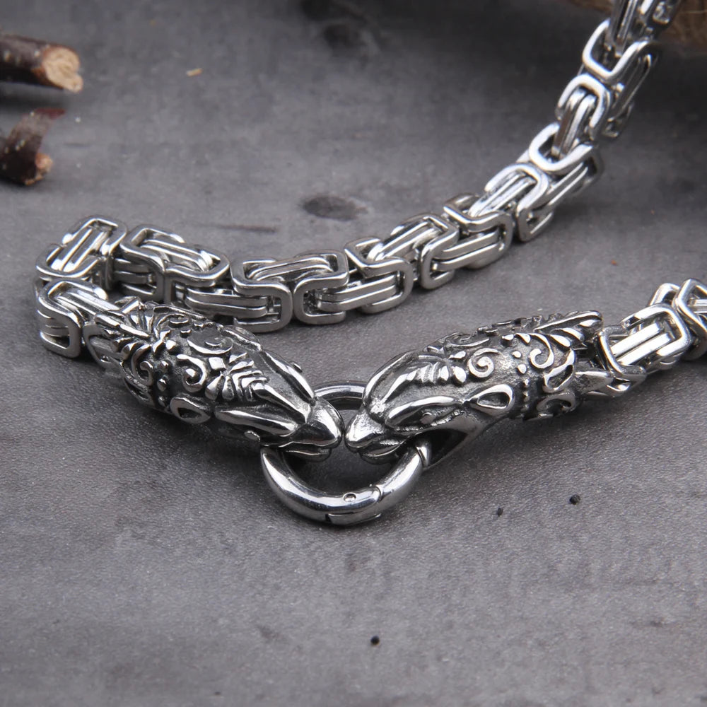 Stainless Steel Viking Wolf Head Square-link Chain with Round Clasp without Pendant with wooden box as christmas gift