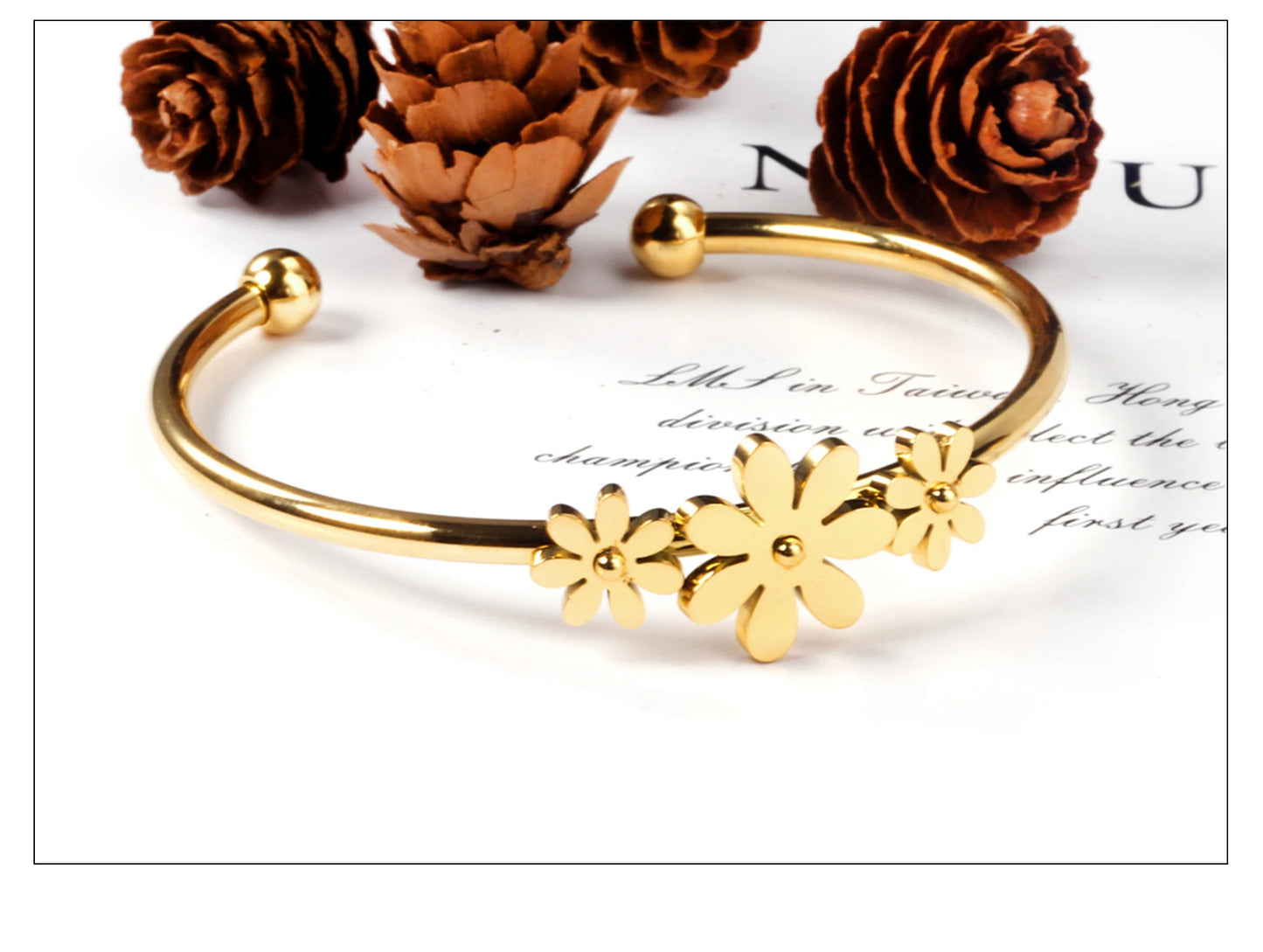 LUXUSTEEL Gold Color Flower Plant  pulseira Mujer Daily Wear Stainless Steel Steel Ball Cuff Bracelets Fashion Jewelry