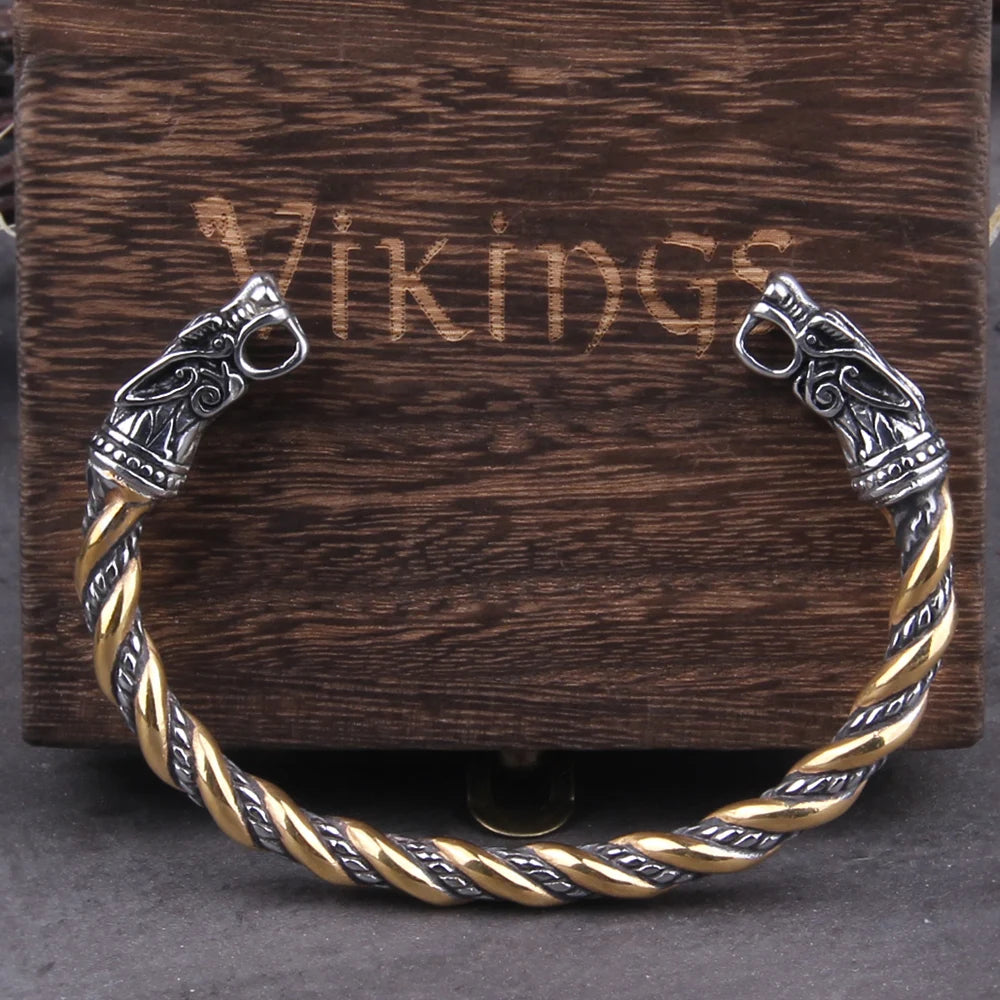 Stainless Steel Nordic Viking Norse Dragon Bracelet Men Wristband Cuff Bracelets with Viking Wooden Box